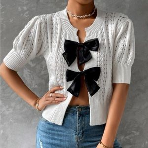 seance puff sleeve tie front pointelle knit cardigan